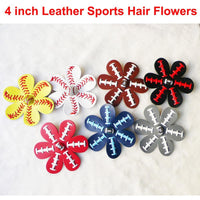 Softball Leather Hair Flower Hair Clips, 4 inch Seamed Hair Bows, Team Colors Rhinestone, FREE Shipping