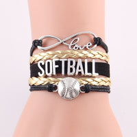 Infinity Love Softball Bracelet, Softball Charm, Leather Wrap, 16 Variations