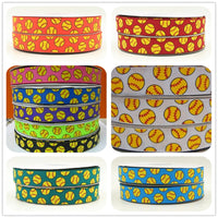 Softball Silk Screen Print Ribbon for Hairbows, 7/8 inch, 22 mm, Yellow Softball, 50 yds/roll, FREE Shipping