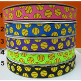 Softball Silk Screen Print Ribbon for Hairbows, 7/8 inch, 22 mm, Yellow Softball, 50 yds/roll, FREE Shipping